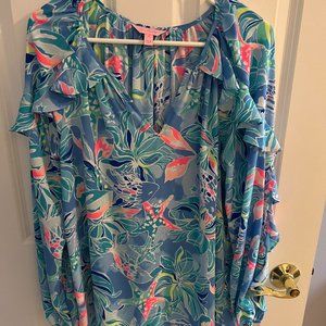 Lilly Pulitzer Patterned Ruffle V Neck Collar Long Sleeve Top